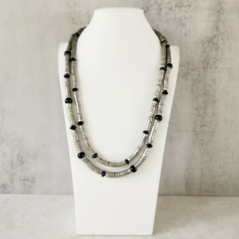 Double Strand Silvertone Stacked Serpentine Metal Cap and Black Beaded Necklace